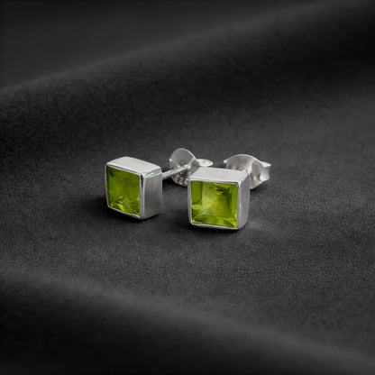 6mm Square Peridot Stud Earrings in 925 Sterling Silver – August Birthstone