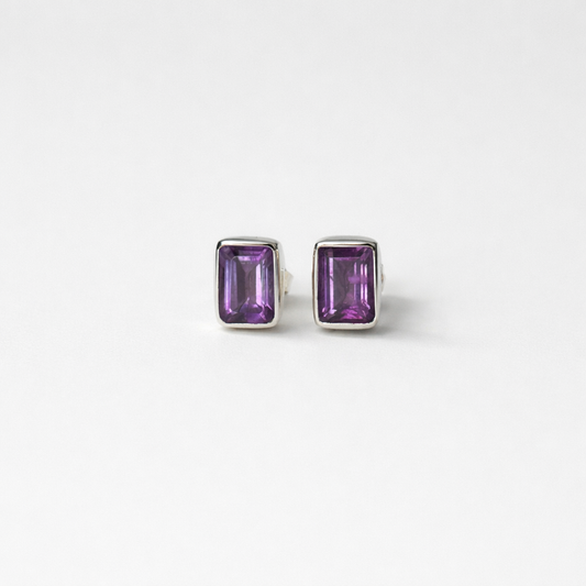 Sterling Silver Amethyst Rectangle Stud Earrings – February Birthstone