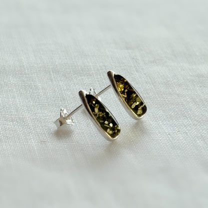 Green Baltic Amber Teardrop Stud Earrings in Sterling Silver