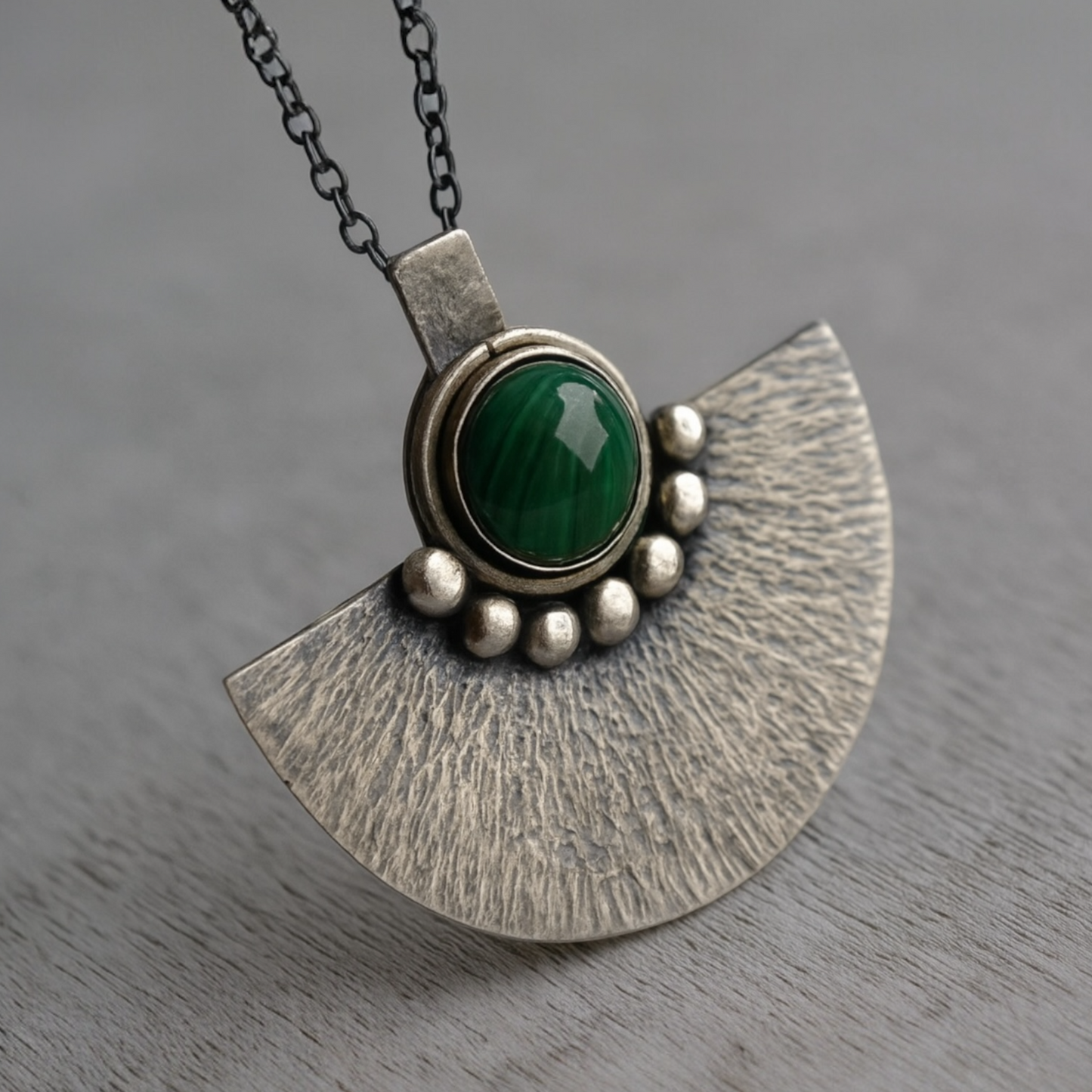 Green malachite sterling silver oxidised fan necklace.