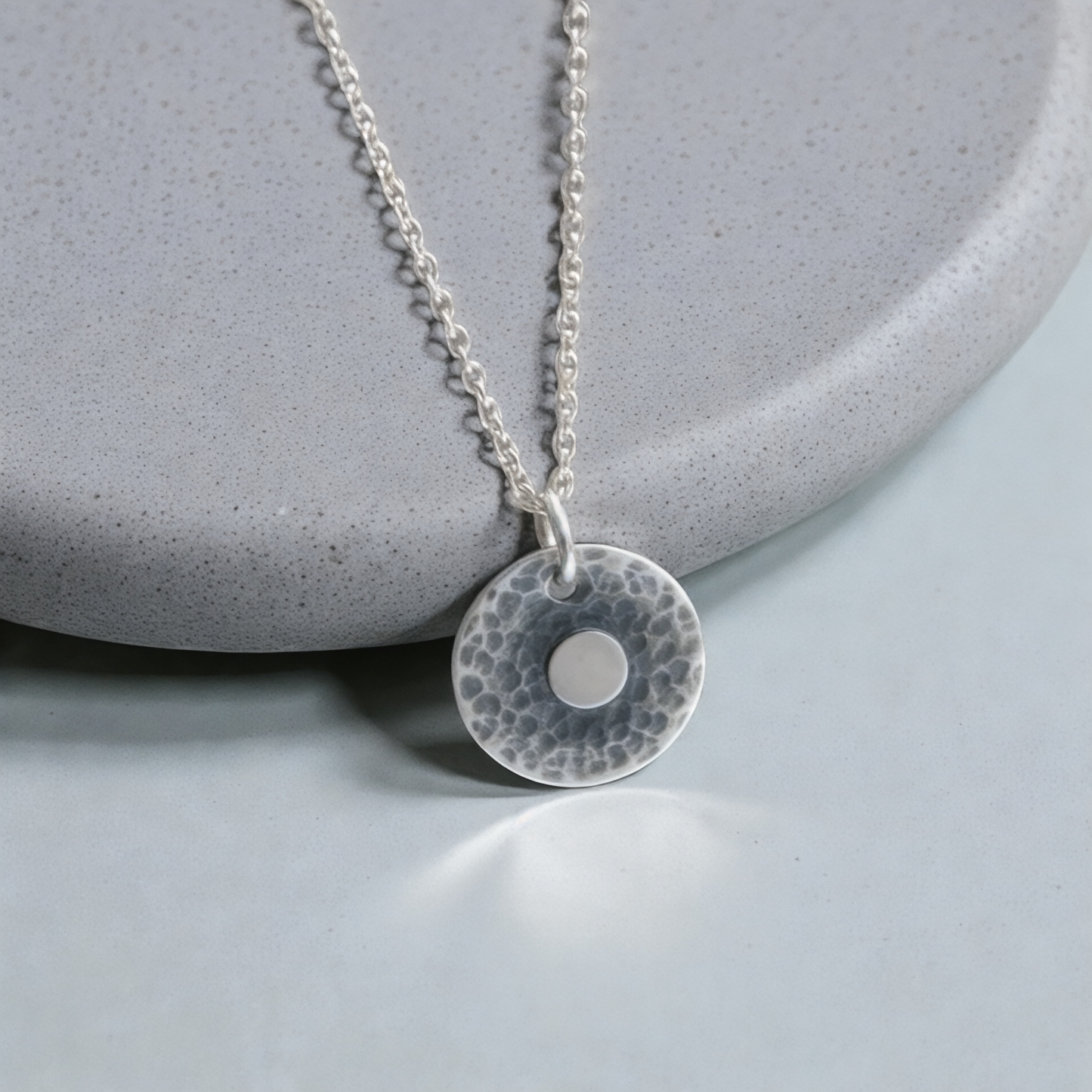 Handmade Sterling Silver Hammered Disc Necklace Textured and Oxidised Design