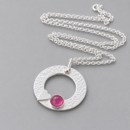 Pink Tourmaline Necklace – Sterling Silver Circle Pendant with Heart