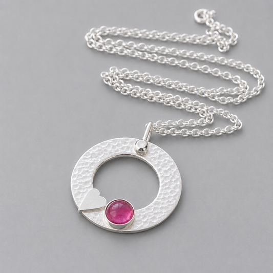 Pink Tourmaline Necklace – Sterling Silver Circle Pendant with Heart