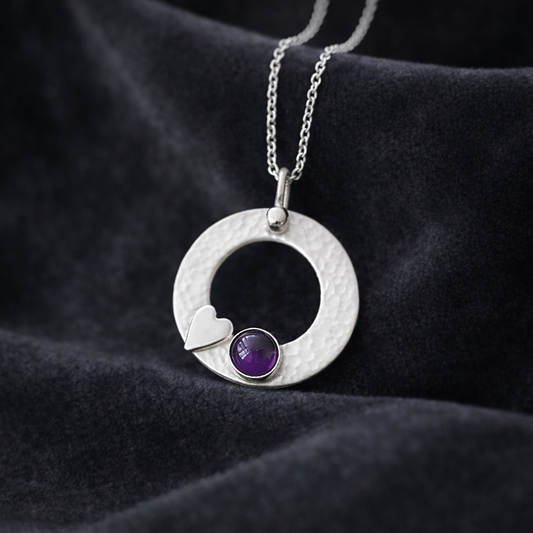 Amethyst Sterling Silver Circle Necklace – February Birthstone Heart Pendant