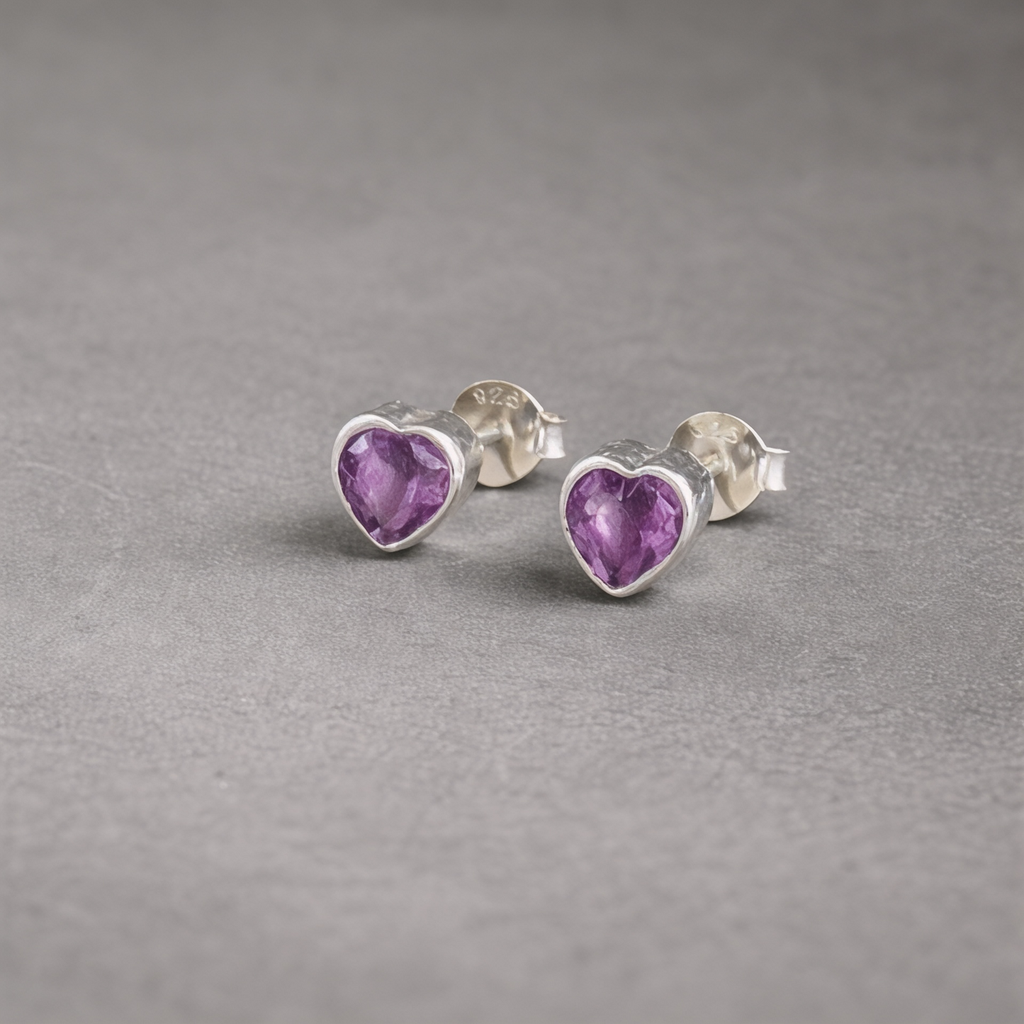 Amethyst Heart Stud Earrings in 925 Sterling Silver