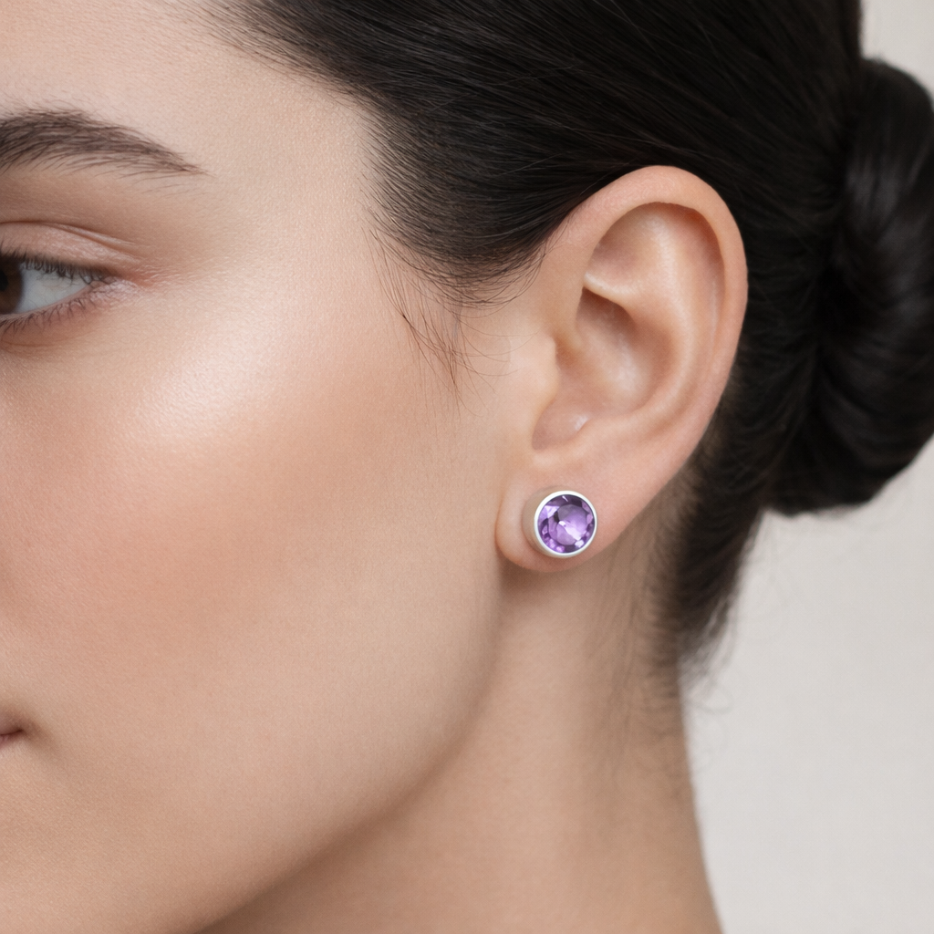 8mm Sterling Silver Amethyst Stud Earrings.