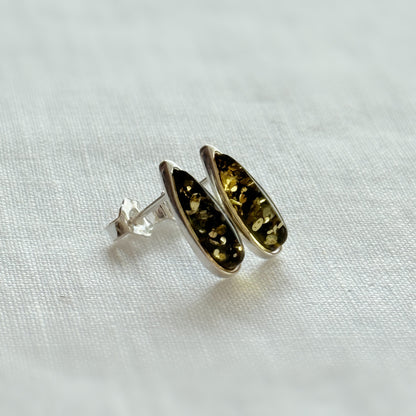Green Baltic Amber Teardrop Stud Earrings in Sterling Silver