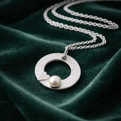 Akoya Pearl Circle Necklace – Sterling Silver Heart Pendant