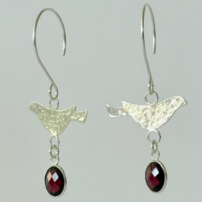 Sterling Silver Bird & Garnet Dangle Earrings