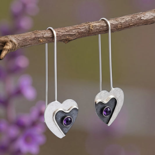 Amethyst heart long sterling silver earrings. February birthstone earrings.