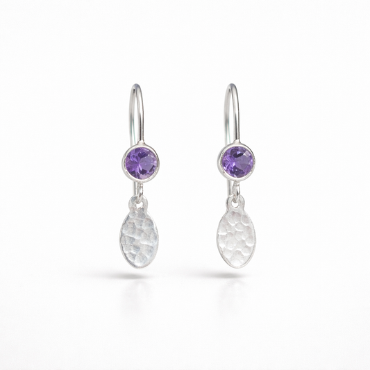 Amethyst February birthstone sterling silver earrings, hammered dangle ovals.