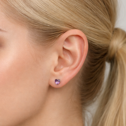 Amethyst Heart Stud Earrings in 925 Sterling Silver