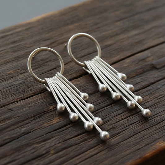 Sterling silver circle and droplets stud earrings.