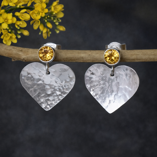 Citrine November birthstone sterling silver heart stud earrings.