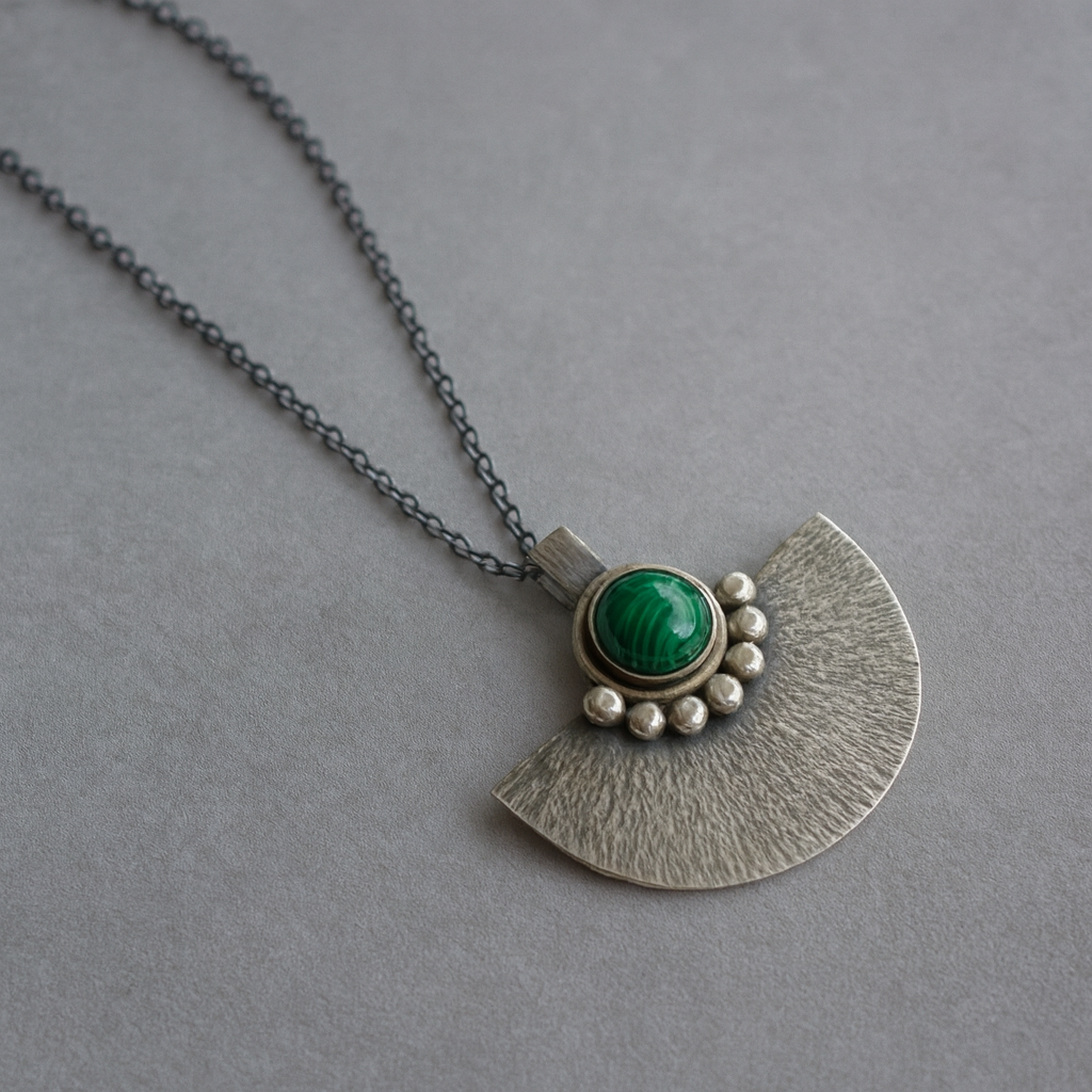 Green malachite sterling silver oxidised fan necklace.