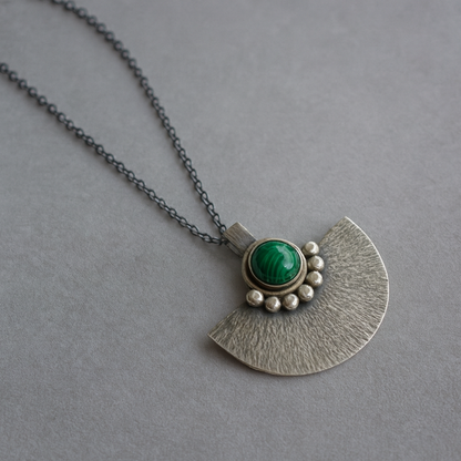 Green malachite sterling silver oxidised fan necklace.
