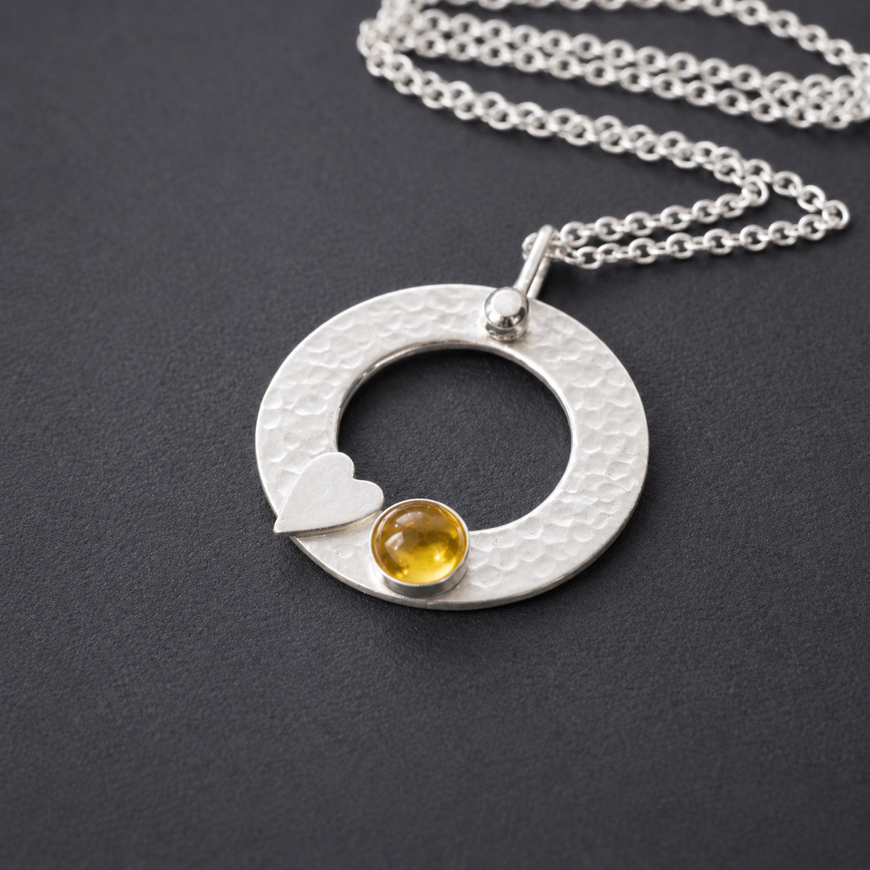 Citrine Necklace – Sterling Silver Circle Pendant with Heart – November Birthstone Jewellery Gift for Her