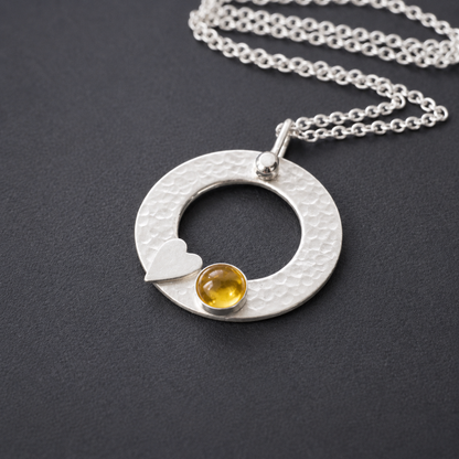 Citrine Necklace – Sterling Silver Circle Pendant with Heart – November Birthstone Jewellery Gift for Her