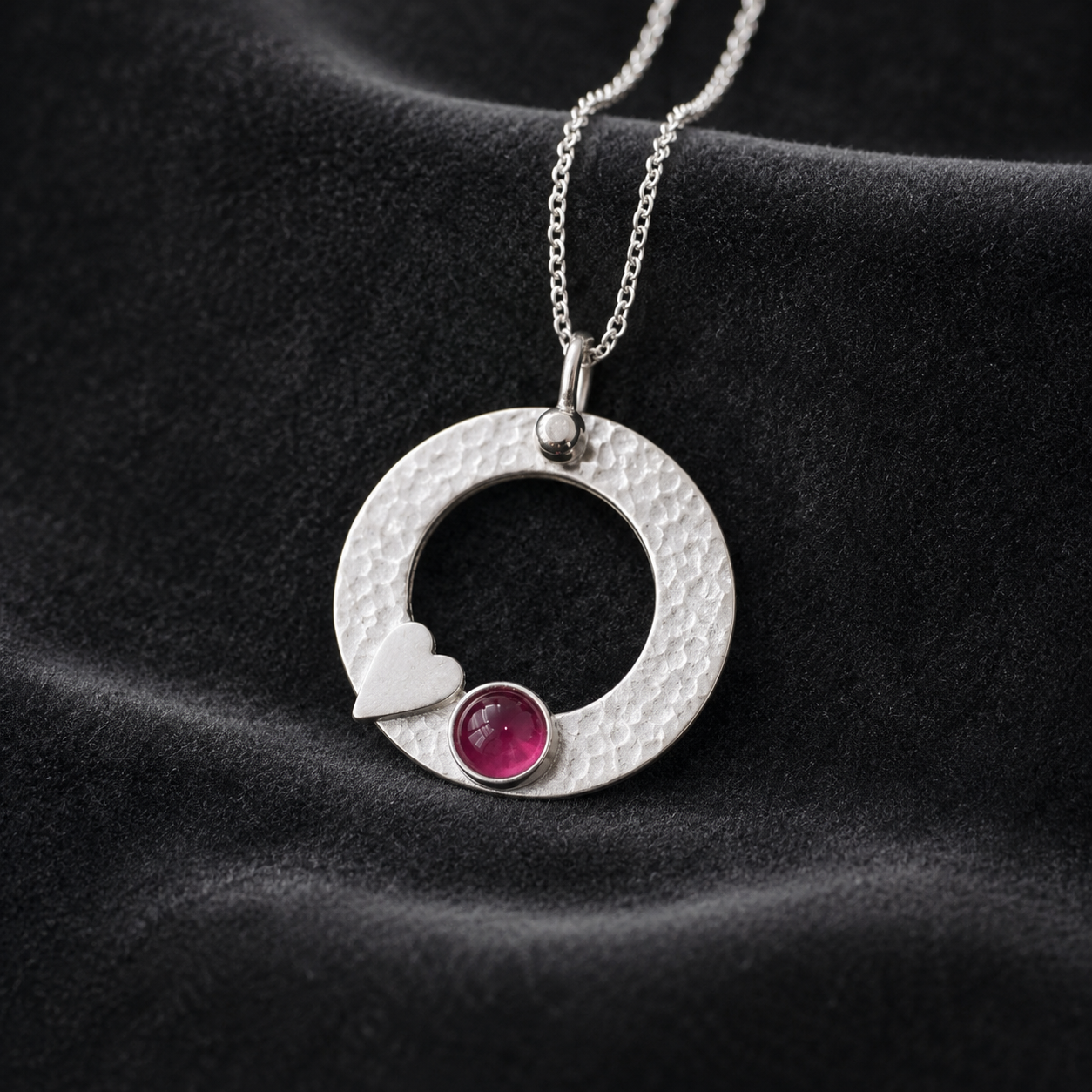 Pink Tourmaline Necklace – Sterling Silver Circle Pendant with Heart