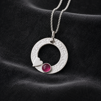 Pink Tourmaline Necklace – Sterling Silver Circle Pendant with Heart
