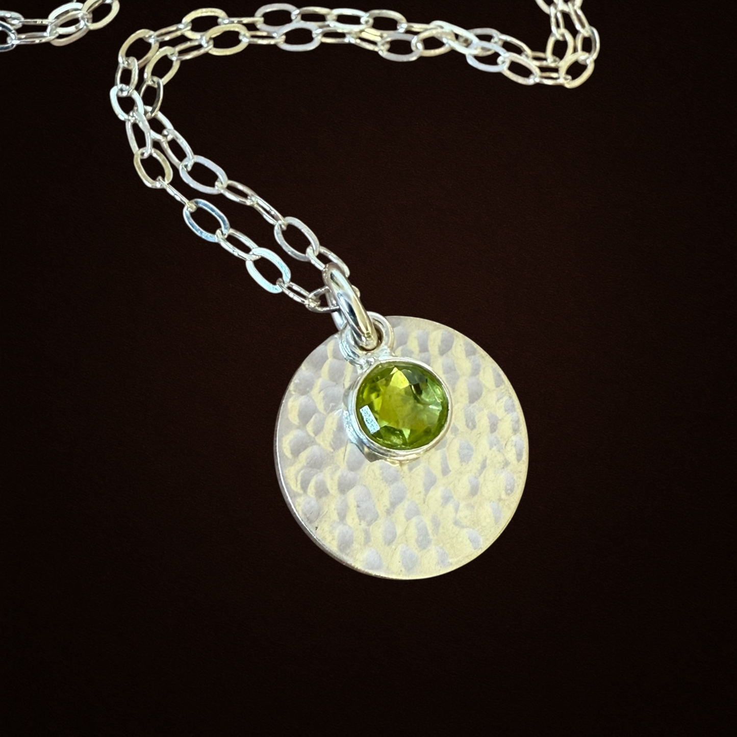 Minimalist Sterling Silver Disc Necklace with Green Peridot Charm
