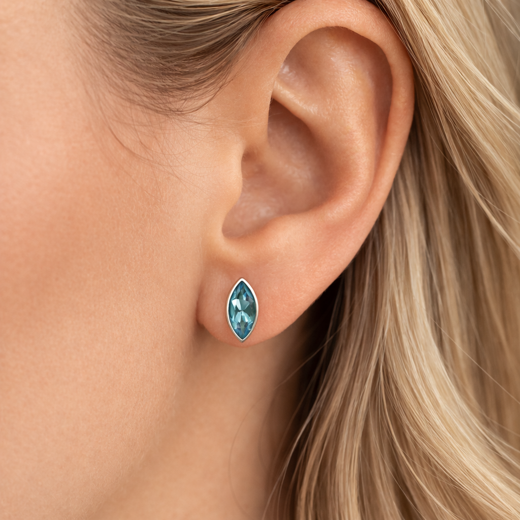 Blue Topaz Stud Earrings Sterling Silver – Marquise Gemstone Earrings – December Birthstone Jewellery