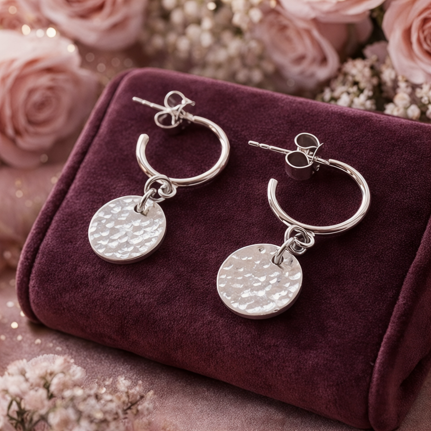 Sterling silver disc charm half hoop earrings.