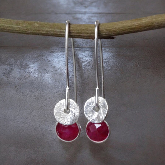 Ruby sterling silver dangle earrings. July birthstone earrings.