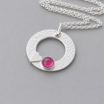 Pink Tourmaline Necklace – Sterling Silver Circle Pendant with Heart
