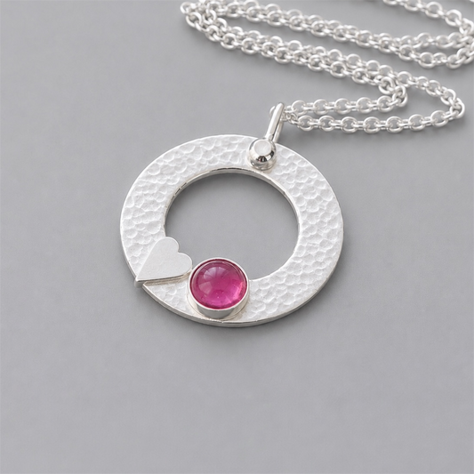 Pink Tourmaline Necklace – Sterling Silver Circle Pendant with Heart