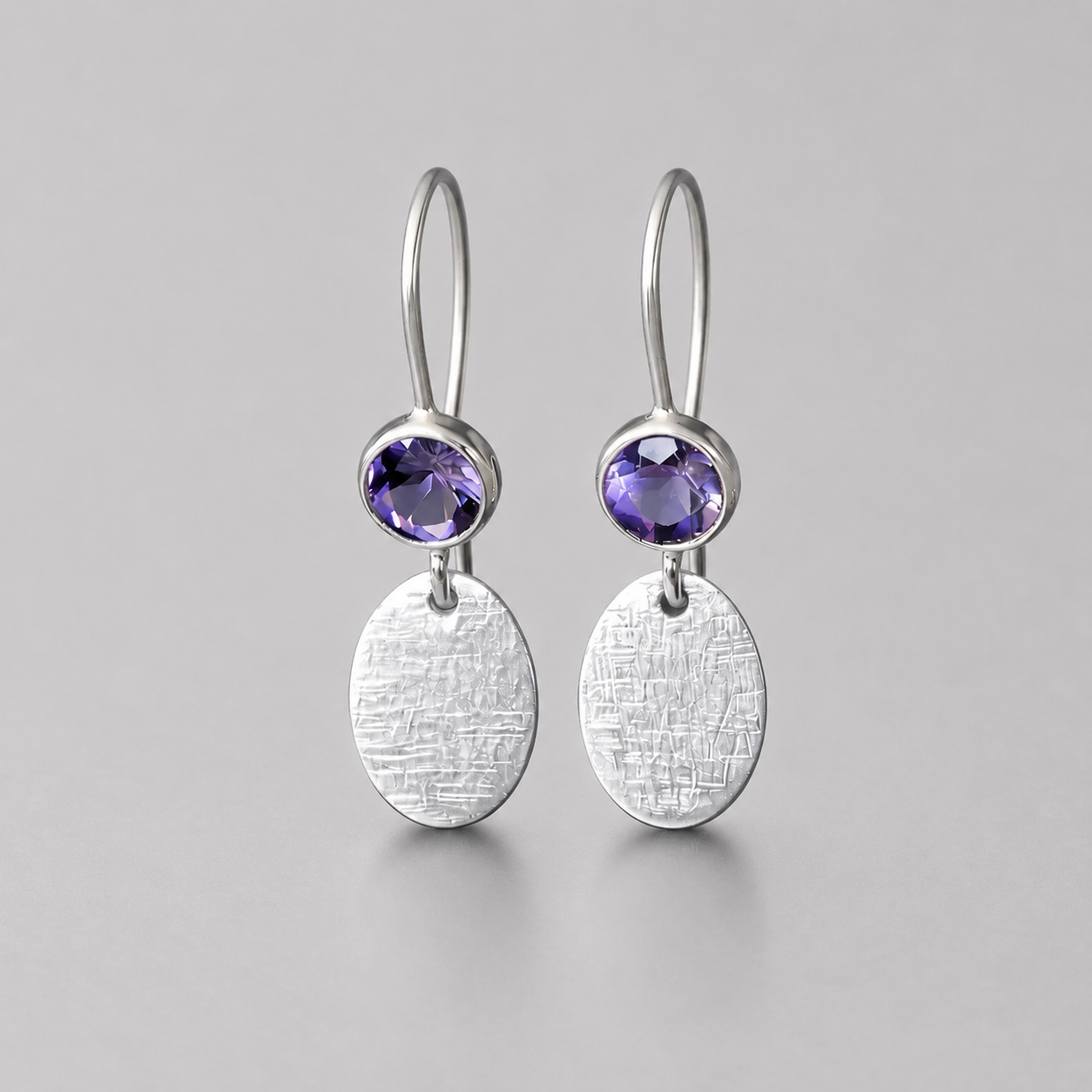 Amethyst sterling silver earrings, hammered oval charm. February birthstone earrings.