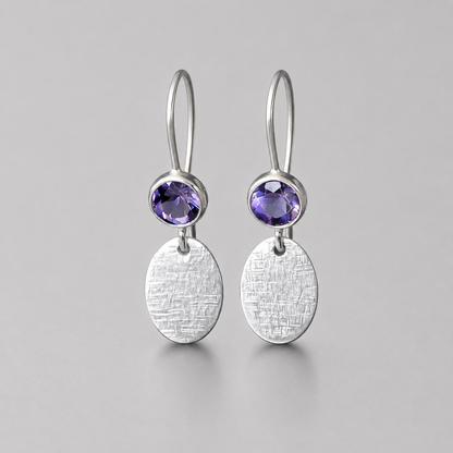 Amethyst sterling silver earrings, hammered oval charm. February birthstone earrings.