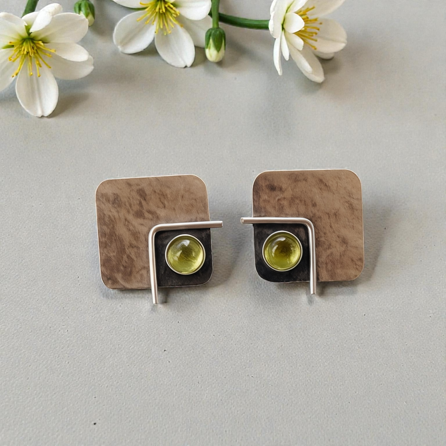 Peridot August birthstone, square sterling silver oxidised stud earrings. Made to order.