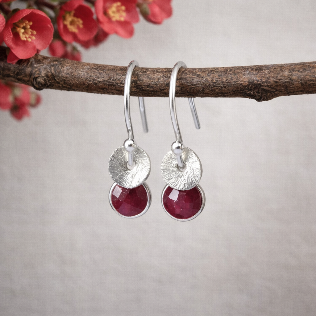 Sterling silver dangle ruby earrings. July birthstone earrings.