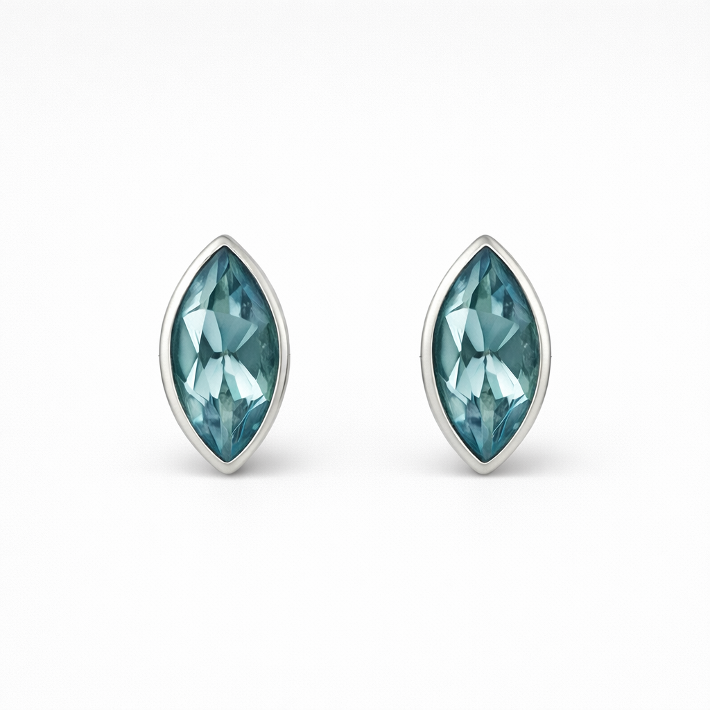 Blue Topaz Stud Earrings Sterling Silver – Marquise Gemstone Earrings – December Birthstone Jewellery
