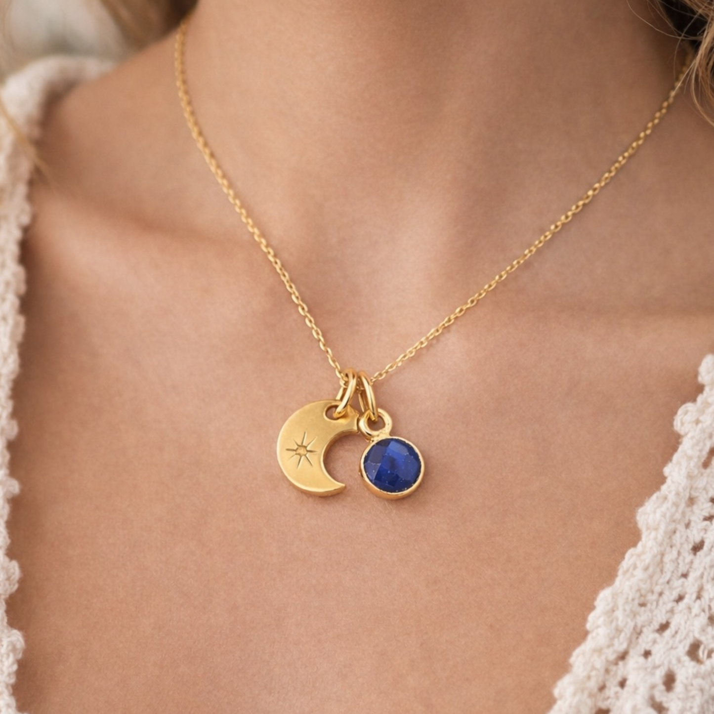 Sapphire, crescent moon, 24k gold vermeil necklace