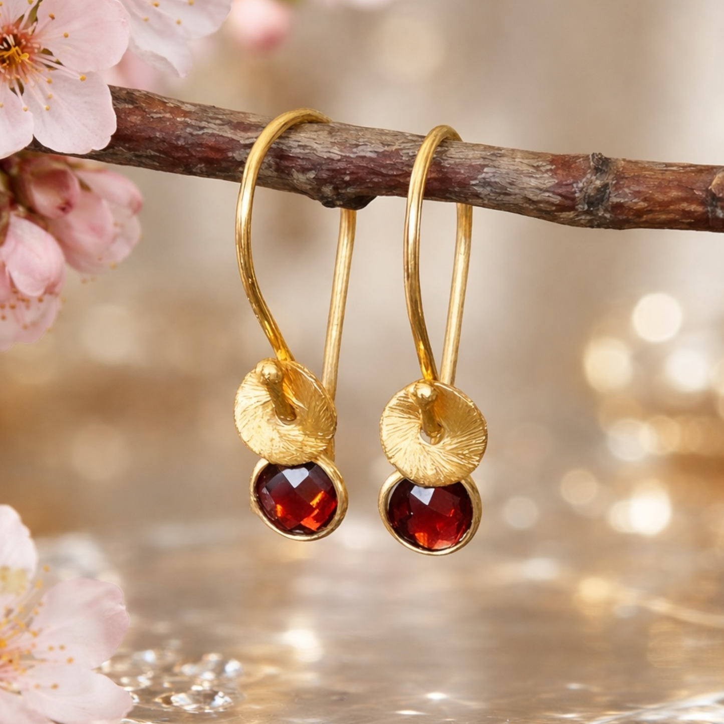 24k gold vermeil and garnet earrings. January birthstone earrings.
