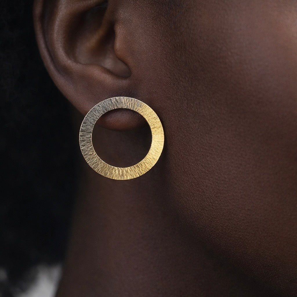 Gold plated and oxidised sterling silver circle earrings.