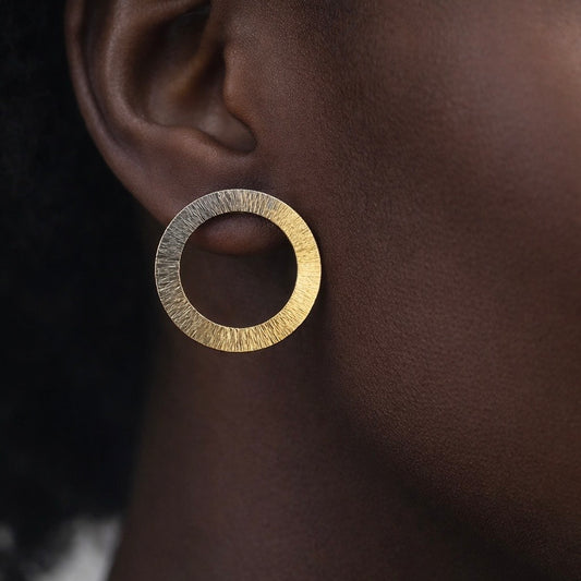 Gold plated and oxidised sterling silver circle earrings.