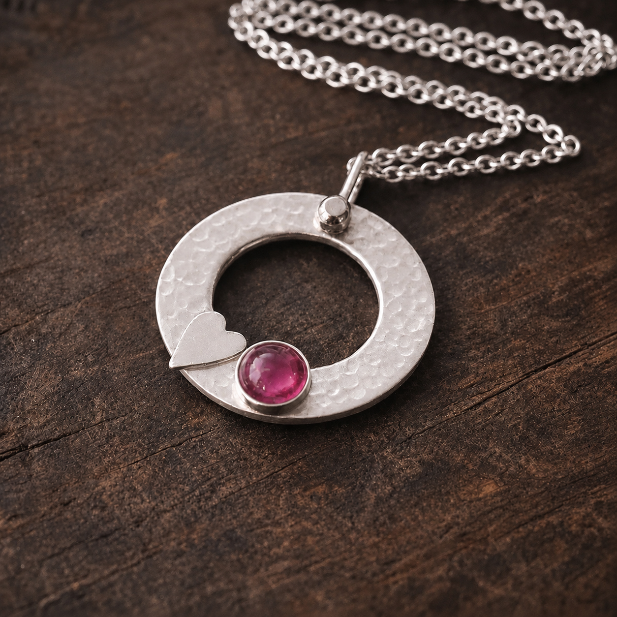 Pink Tourmaline Necklace – Sterling Silver Circle Pendant with Heart