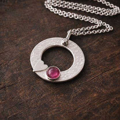Pink Tourmaline Necklace – Sterling Silver Circle Pendant with Heart
