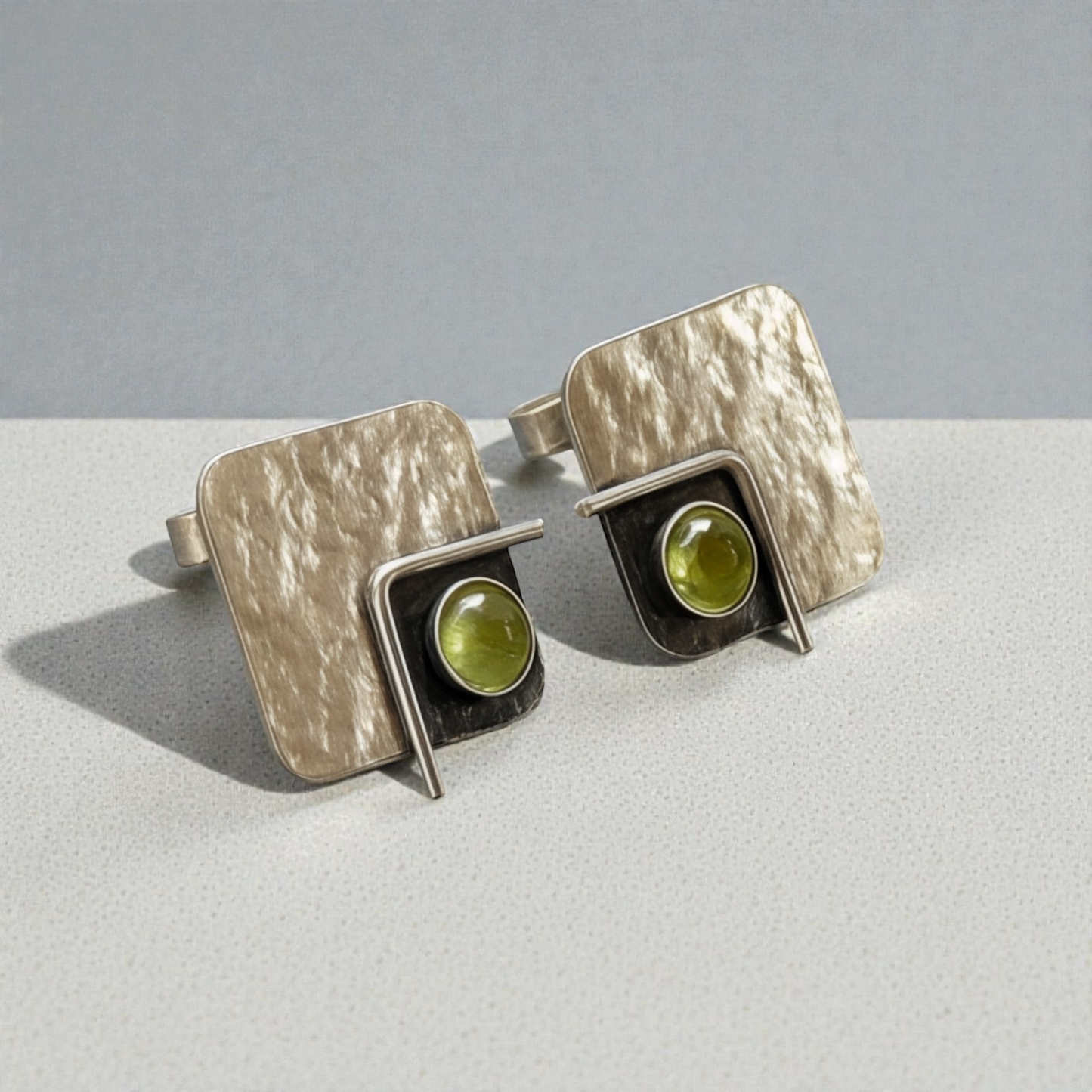 Peridot August birthstone, square sterling silver oxidised stud earrings. Made to order.