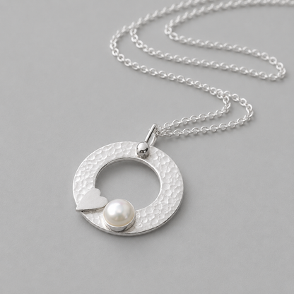 Akoya Pearl Circle Necklace – Sterling Silver Heart Pendant