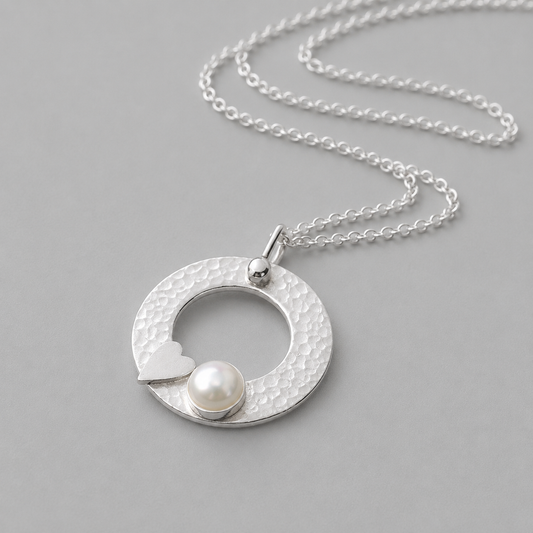 Akoya Pearl Circle Necklace – Sterling Silver Heart Pendant