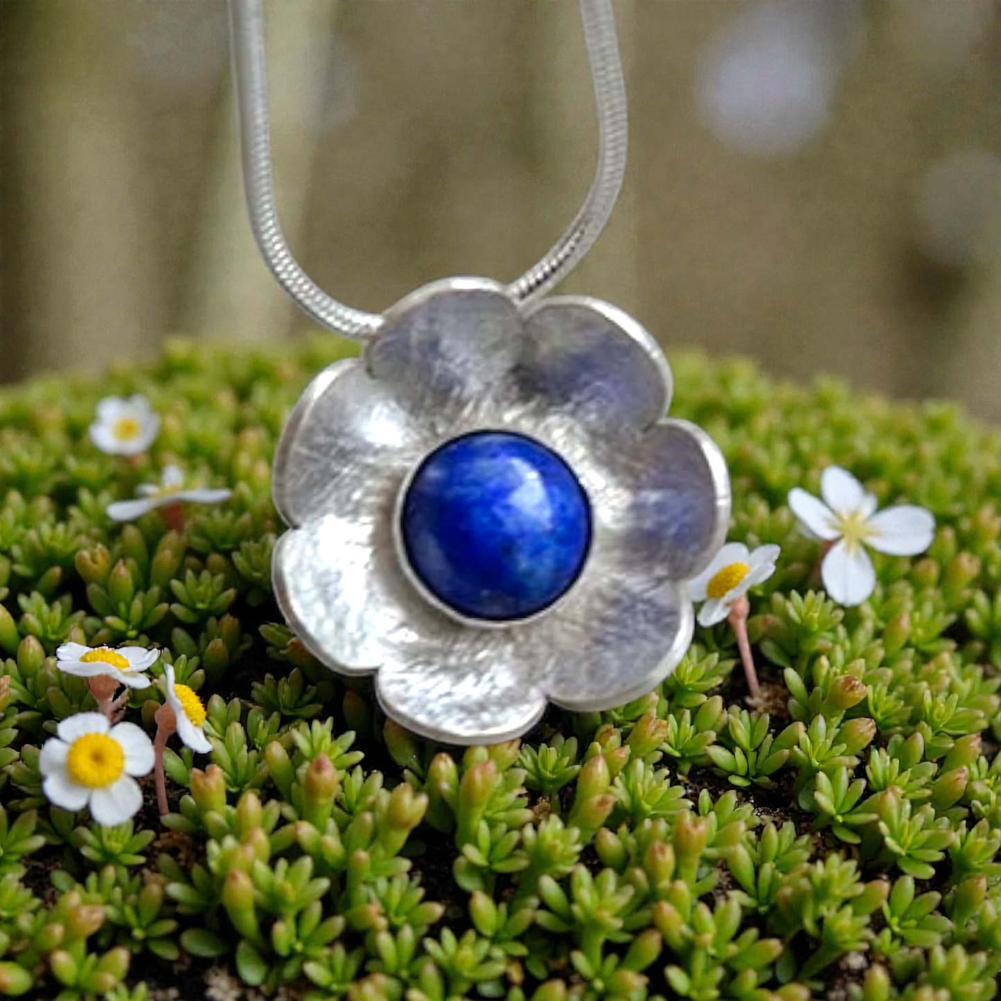 Artisan lapis lazuli flower sterling silver pendant necklace.