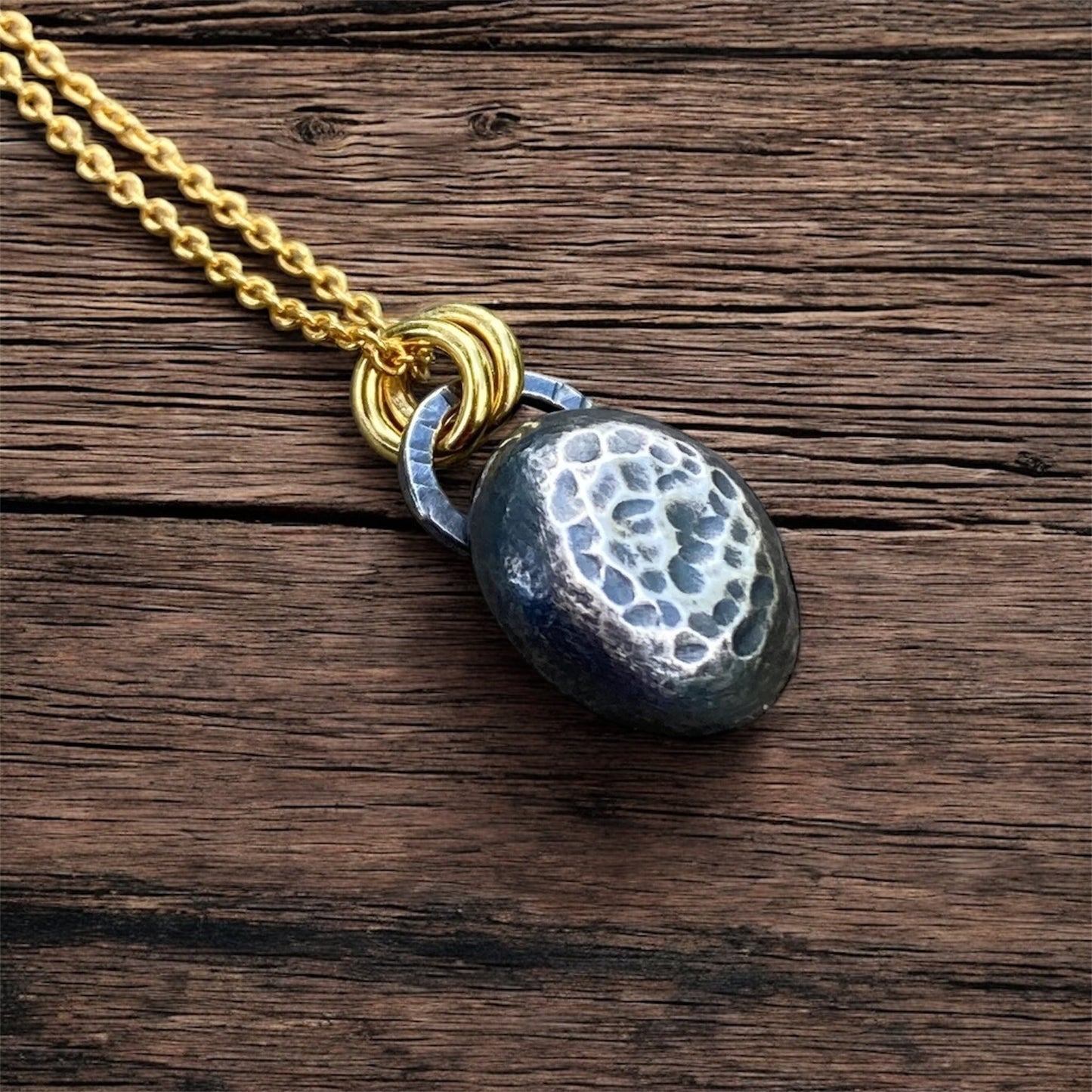 Organic sterling silver pebble necklace, gold vermeil chain.