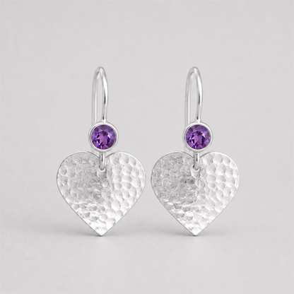 Amethyst sterling silver hammered heart drop earrings.