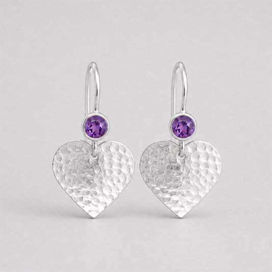 Amethyst sterling silver hammered heart drop earrings.