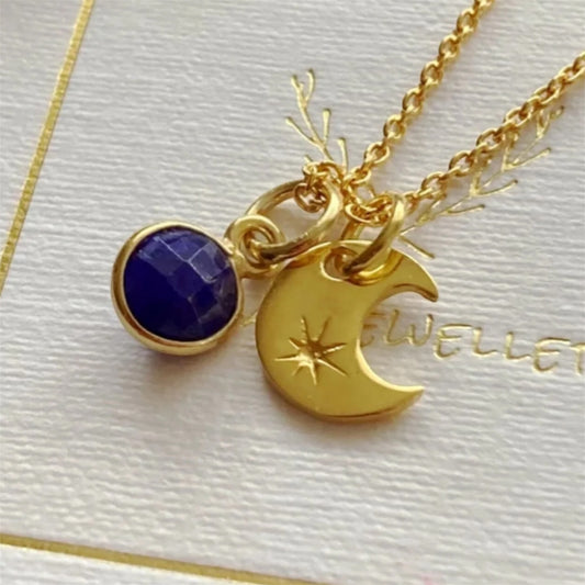 Sapphire, crescent moon, 24k gold vermeil necklace
