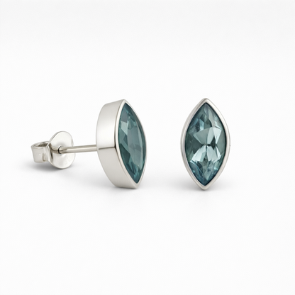 Blue Topaz Stud Earrings Sterling Silver – Marquise Gemstone Earrings – December Birthstone Jewellery
